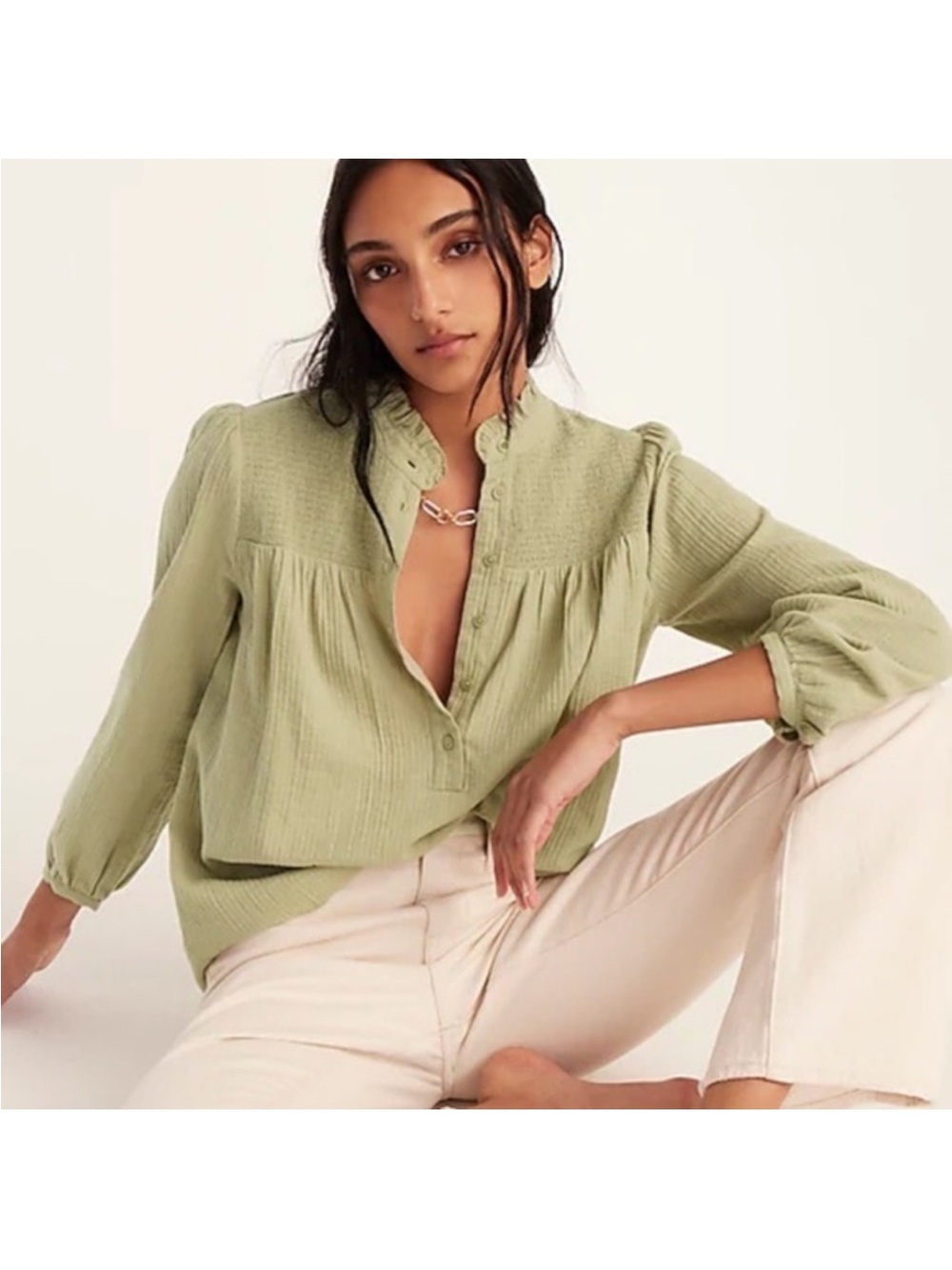 J. Crew Olive Green Soft Gauze Garden Button Blouse Smock Detail Ruffle Collar